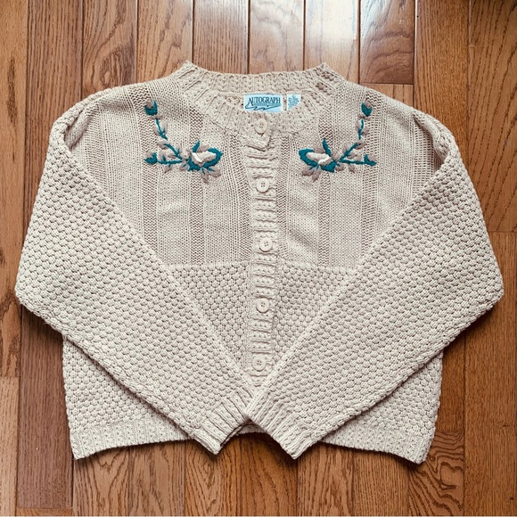 VTG Autograph American Ramie Cotton Tan Beige Knit Embroidered Cardigan Sweater - Picture 7 of 11